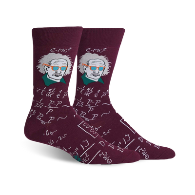 maroon crew socks feature albert einstein sporting blue-framed shades; background includes equations, symbols.  