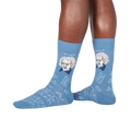 Flat lay: Pair of blue Einstein socks.