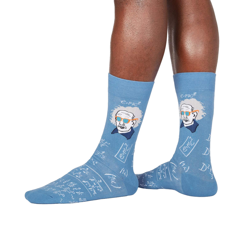 Flat lay: Pair of blue Einstein socks.