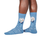 Flat lay: Pair of blue Einstein socks.