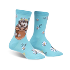 Pair of light blue crew socks featuring a cute hedgehog in a flower pot wearing a daisy crown, surrounded by smaller daisies.