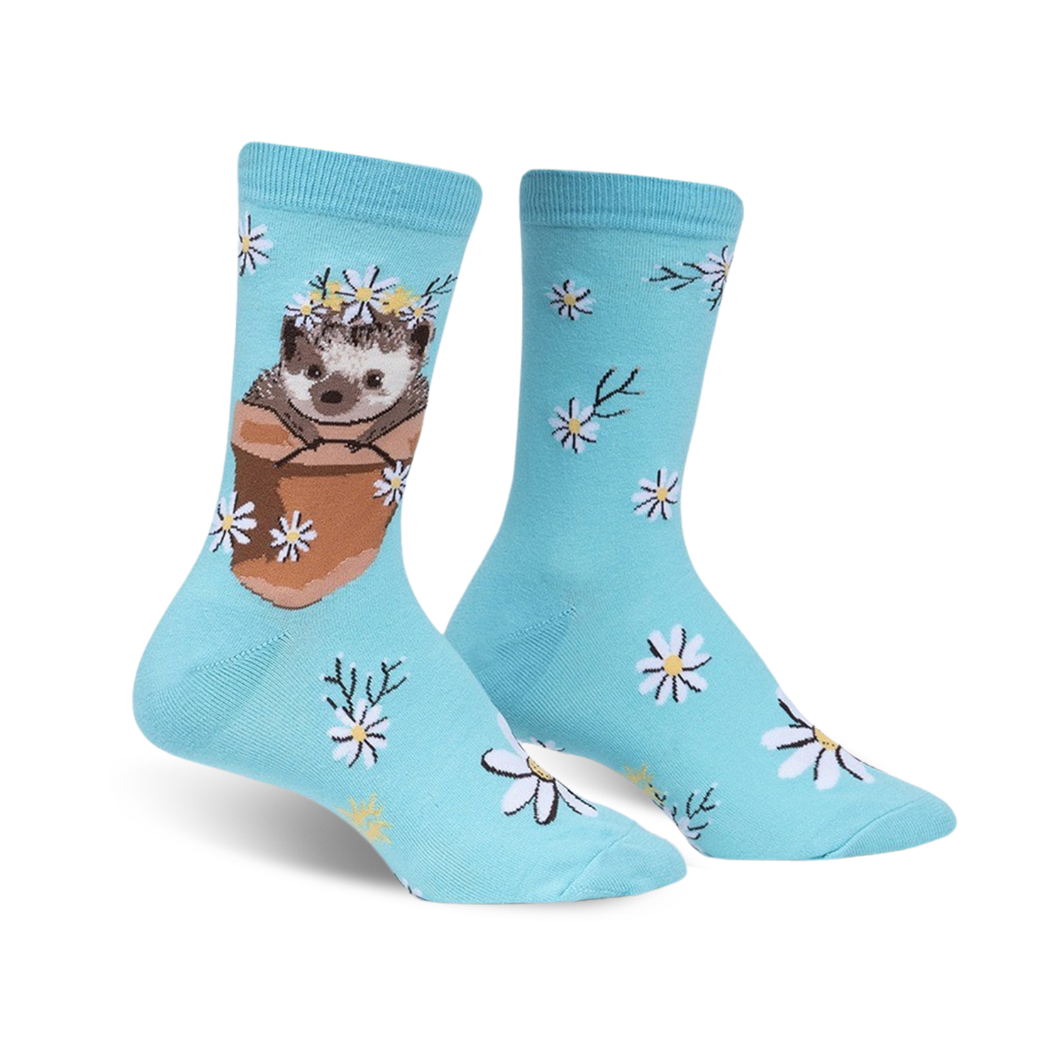 Pair of light blue crew socks featuring a cute hedgehog in a flower pot wearing a daisy crown, surrounded by smaller daisies.