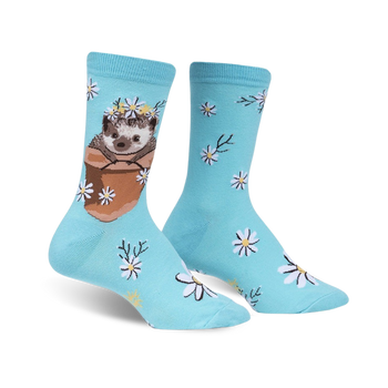 blue crew socks with white, yellow and green floral pattern featuring hedgehogs wearing yellow flower crowns.   