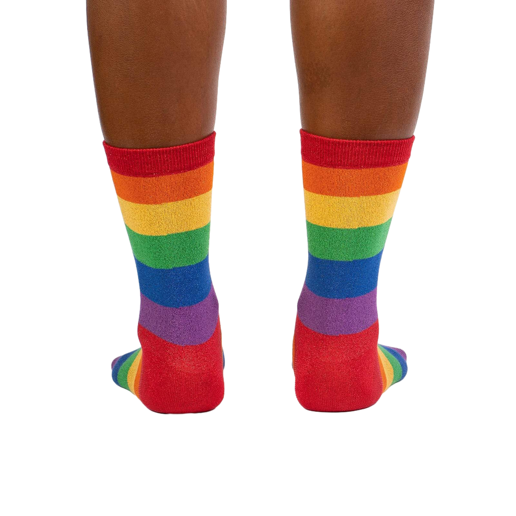Rear view of the Radiant Rainbow socks highlighting the full rainbow stripe design.