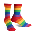 Pair of rainbow-striped crew socks.  Features red, orange, yellow, green, blue, and purple stripes with subtle shimmer.