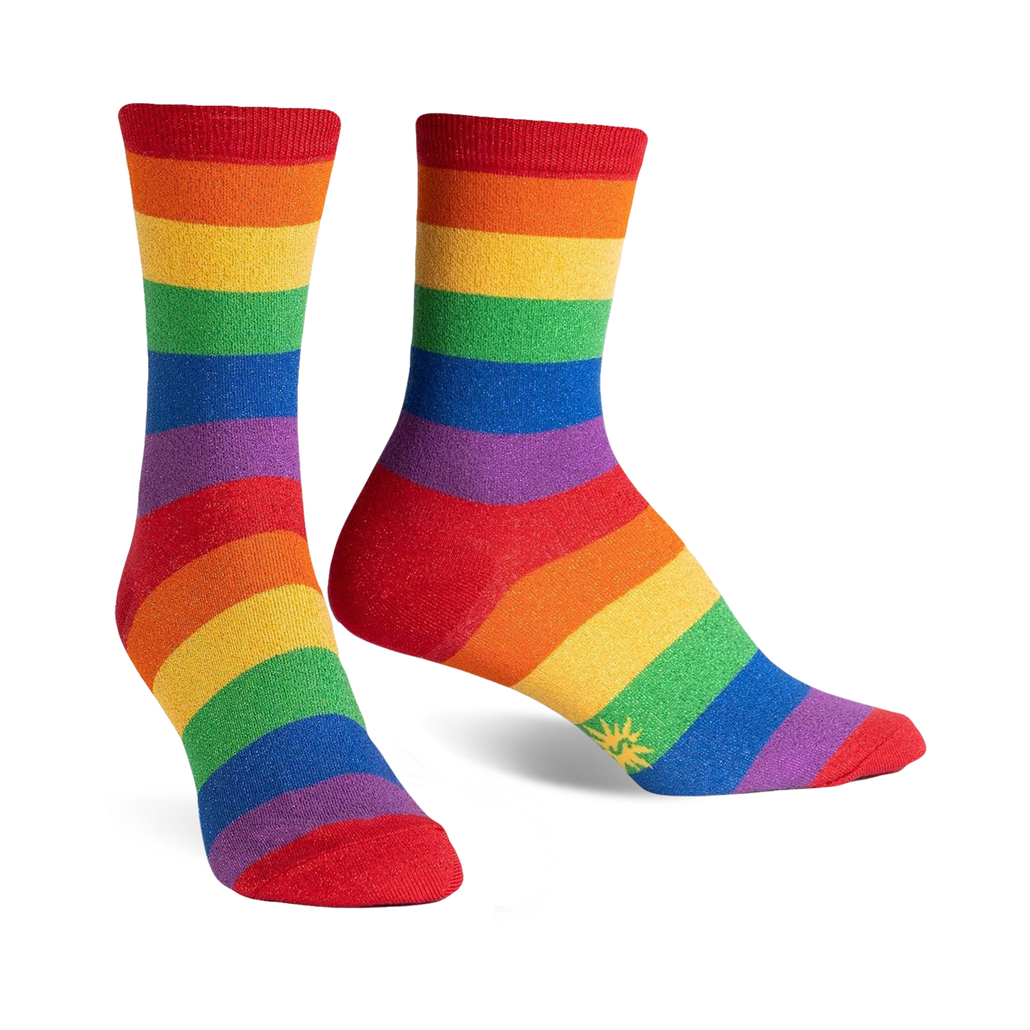 Pair of rainbow-striped crew socks.  Features red, orange, yellow, green, blue, and purple stripes with subtle shimmer.