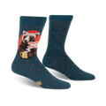 Pair of teal crew socks with a design of a bear drinking coffee.  Red and orange accents and small teal dots are also featured.