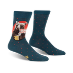 Pair of teal crew socks with a design of a bear drinking coffee.  Red and orange accents and small teal dots are also featured.