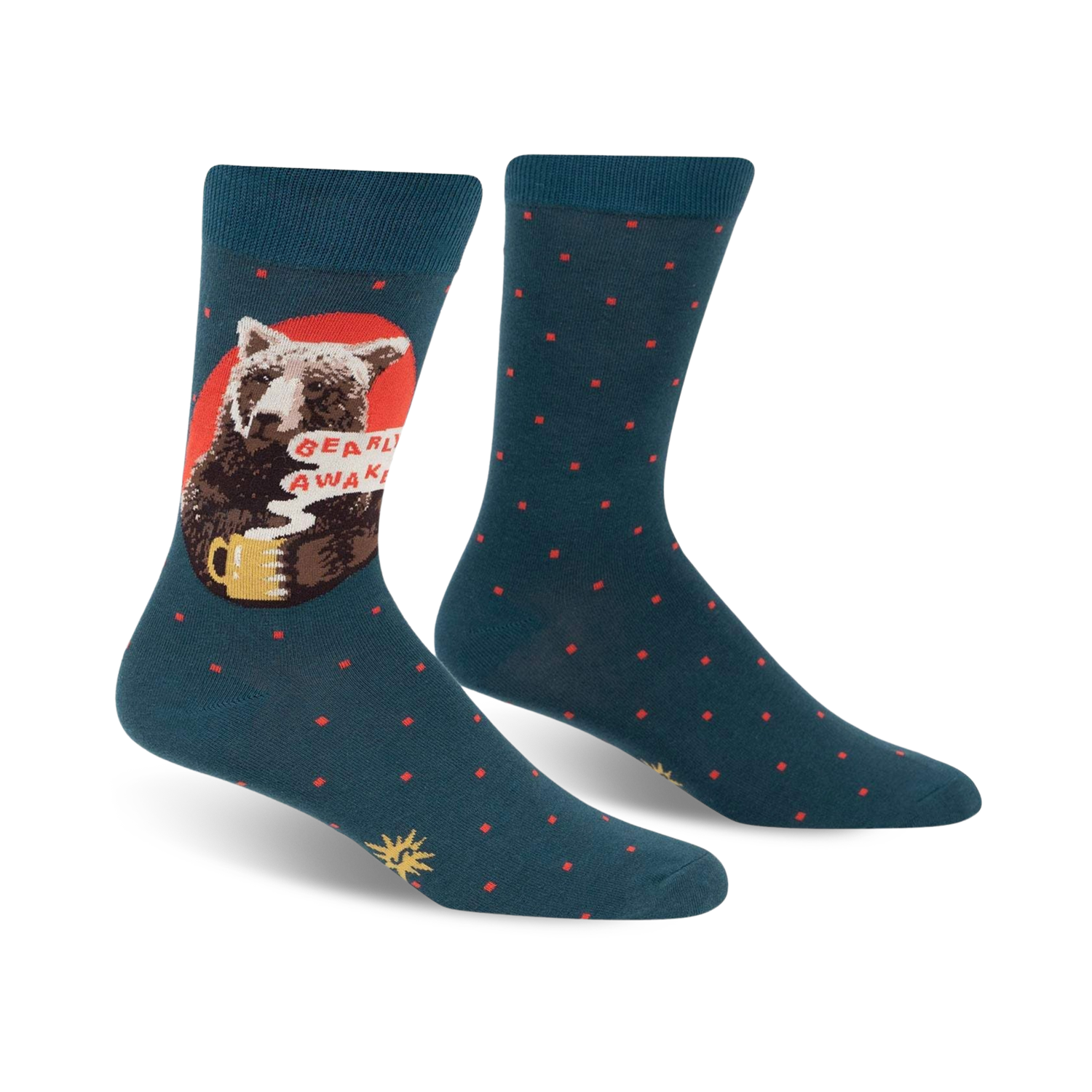 Pair of teal crew socks with a design of a bear drinking coffee.  Red and orange accents and small teal dots are also featured.