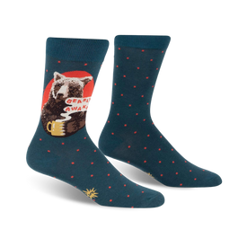 dark teal men's crew socks with red polka dots and a cartoon bear holding a coffee cup with 'bearly awake' text.  