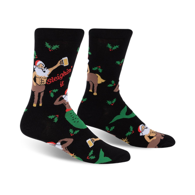  black, green and red christmas theme novelty crew mens winter holiday santa claus centaur mermaid beer party socks  