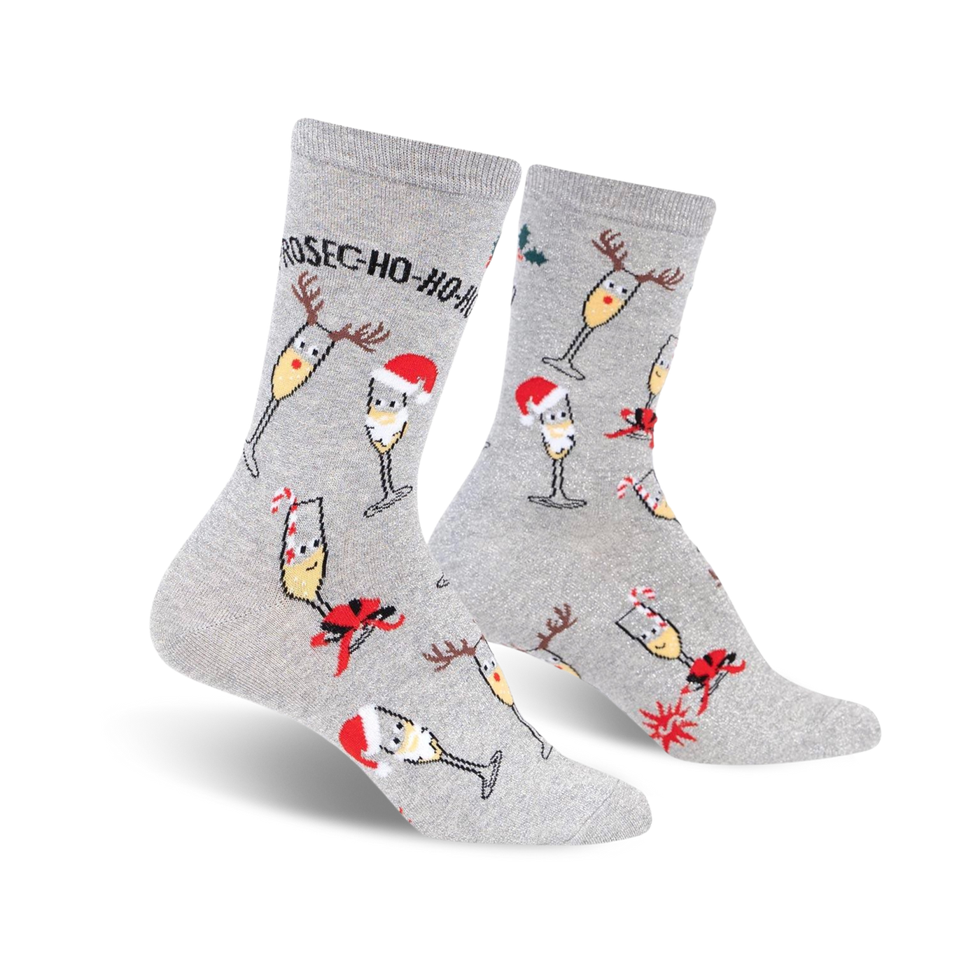 Pair of grey crew socks with a festive design. Features champagne glasses wearing Santa hats and reindeer antlers, along with candy canes and holly.