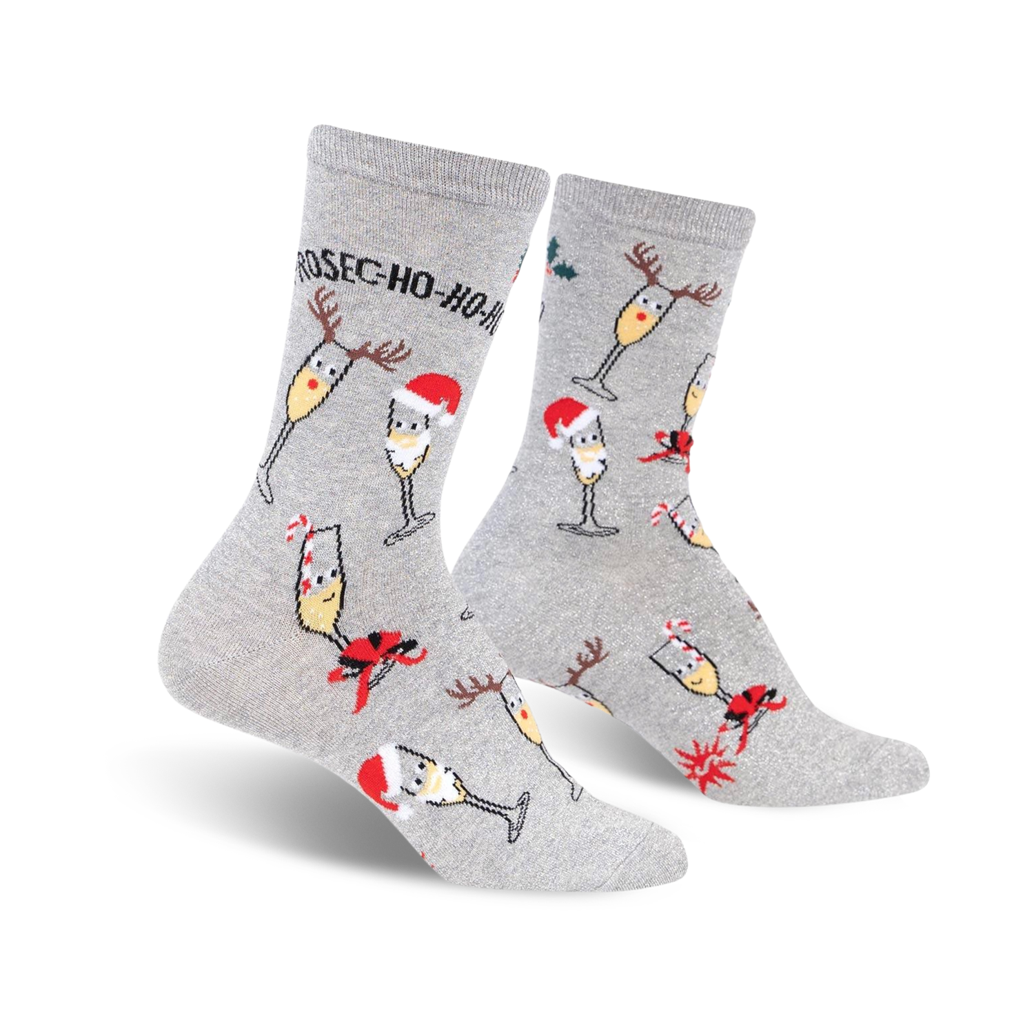 Pair of grey crew socks with a festive design. Features champagne glasses wearing Santa hats and reindeer antlers, along with candy canes and holly.
