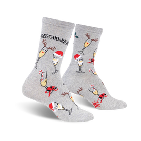 prosec-ho-ho-ho! shimmer christmas themed womens grey novelty crew socks