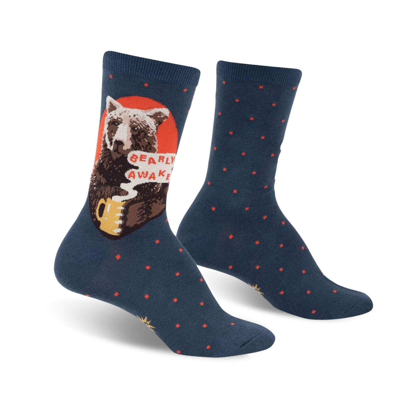 A pair of teal crew socks with a brown bear drinking coffee and the words 'Bearly Awake'.  Red accents and small red polka dots decorate the socks.