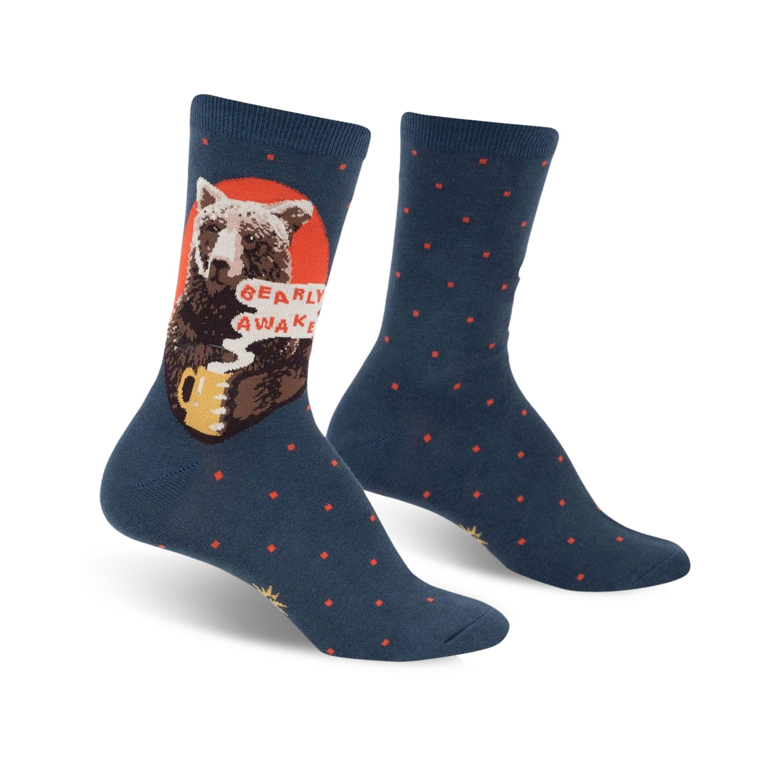 A pair of teal crew socks with a brown bear drinking coffee and the words 'Bearly Awake'.  Red accents and small red polka dots decorate the socks.