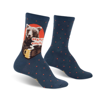 blue crew socks with red polka dots and a sleepy bear holding a coffee mug with the words 'bearly awake' in a speech bubble.  