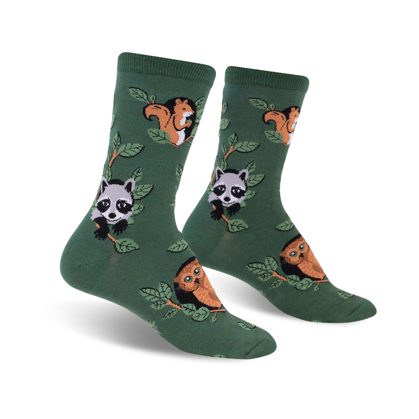Pair of crew socks in deep green with repeating pattern of squirrels, raccoons, and owls perched on leafy branches.