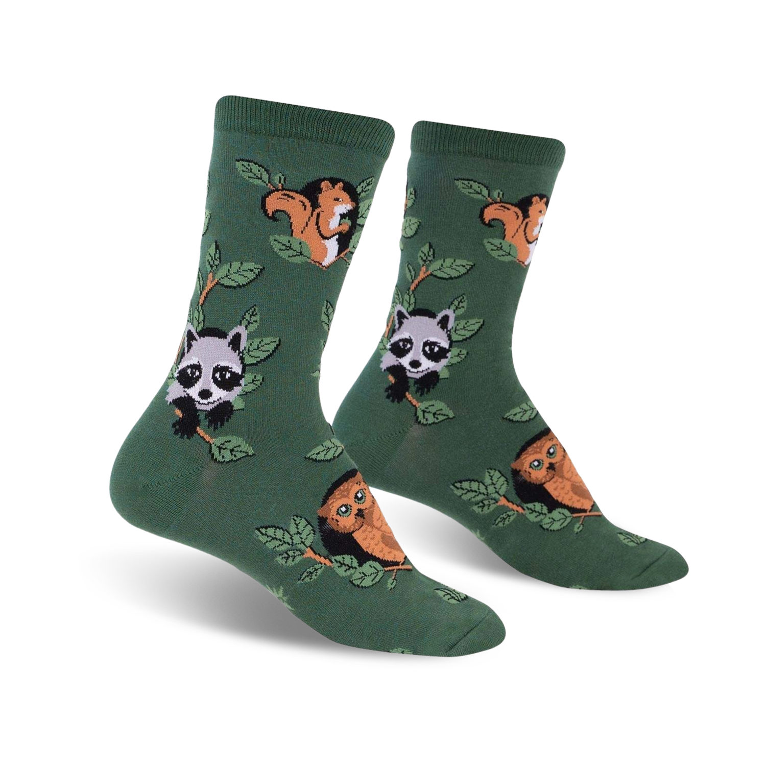 Pair of crew socks in deep green with repeating pattern of squirrels, raccoons, and owls perched on leafy branches.