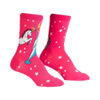Pair of pink crew socks with a white unicorn and narwhal design battling each other. White stars are scattered across the background.