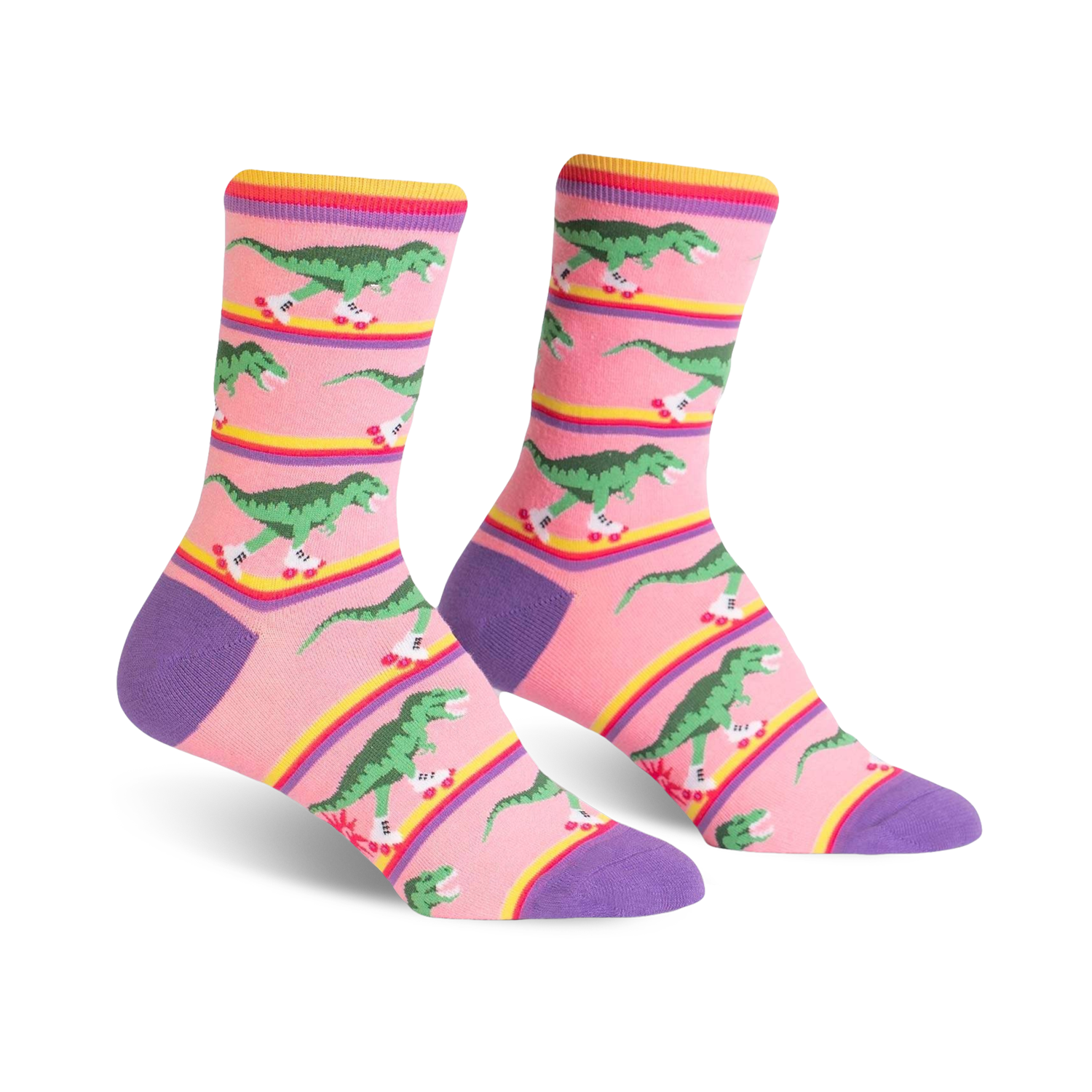 Crew socks in pink, purple, and yellow, featuring a pattern of green dinosaurs roller-skating.