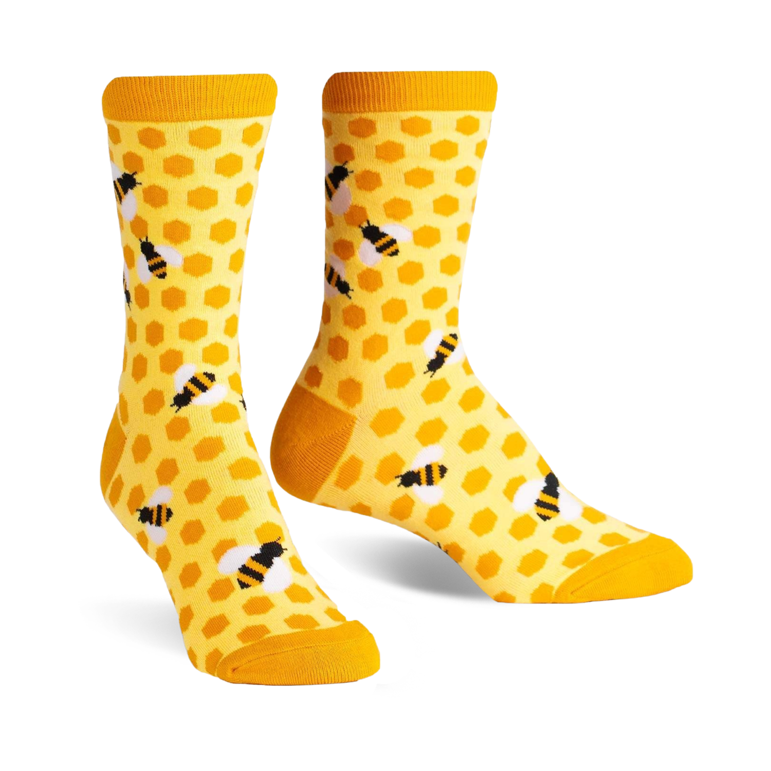 Pair of crew socks in yellow and black. The socks have a honeycomb pattern with little bees.