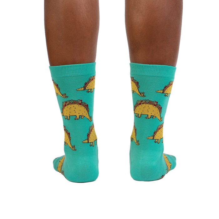 Rear view of Tacosaurus socks on a model's legs, highlighting the full design.