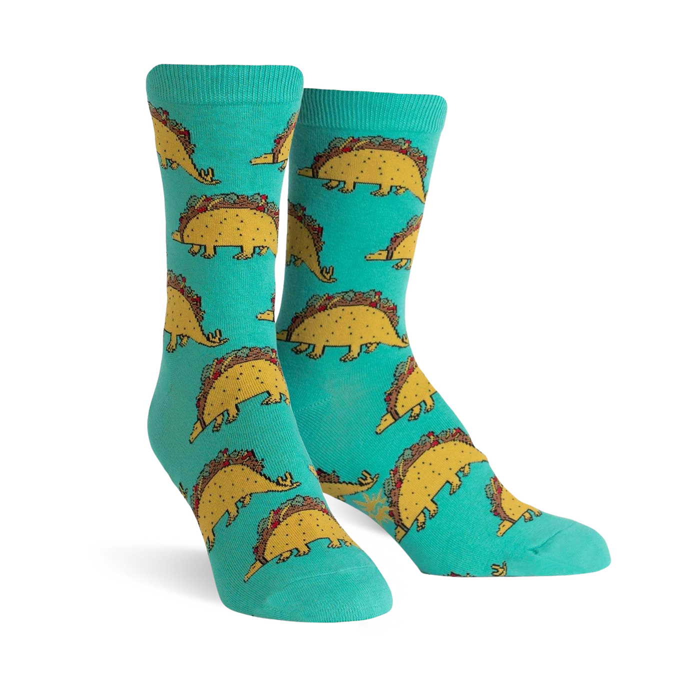 Teal crew socks with a repeating pattern of cute dinosaurs made of tacos. 