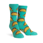 Teal crew socks with a repeating pattern of cute dinosaurs made of tacos. 