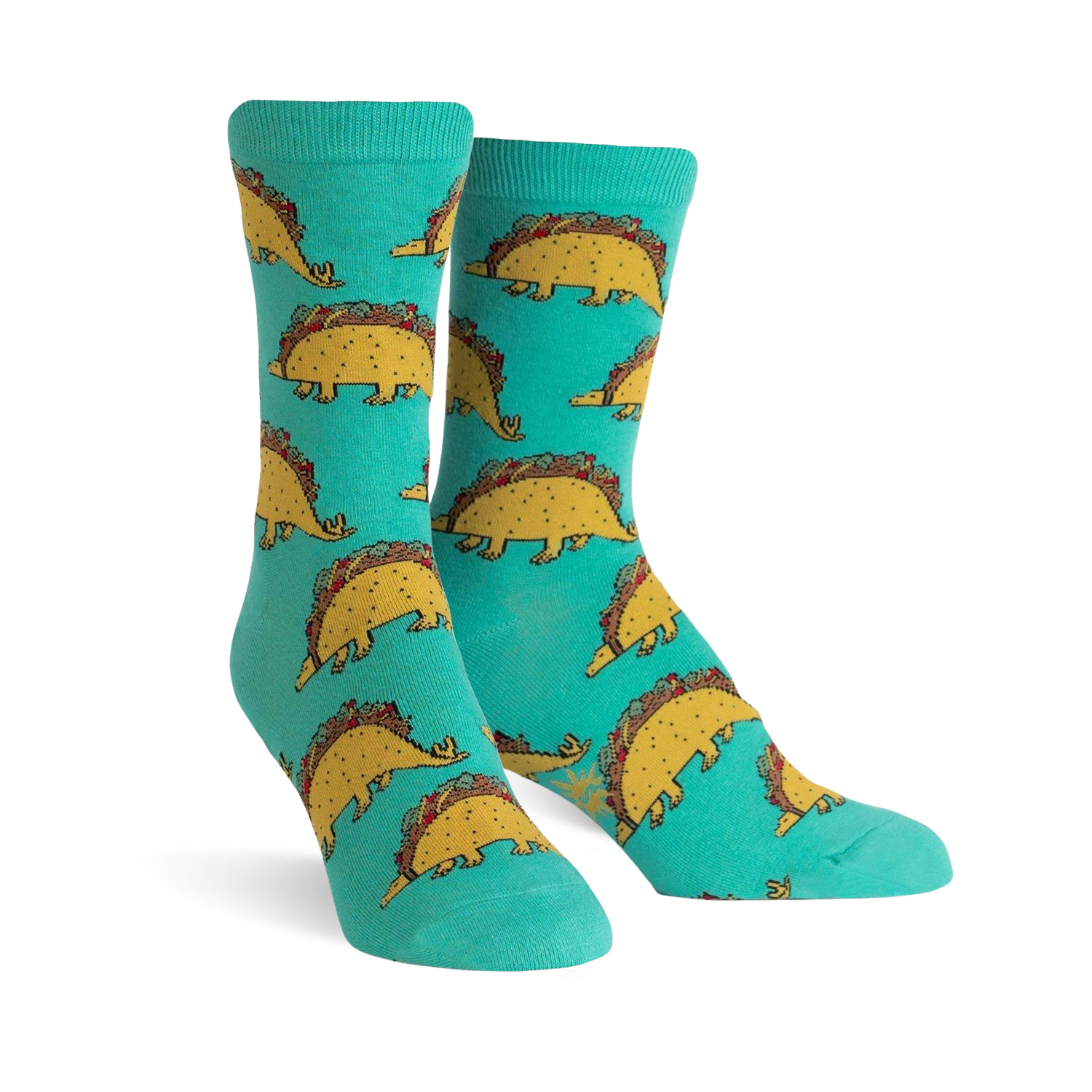 Teal crew socks with a repeating pattern of cute dinosaurs made of tacos. 