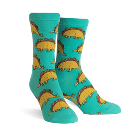 turquoise crew socks featuring cartoon dinosaurs with taco shells, perfect for taco lovers.   
