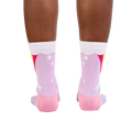 Rear view of the socks on a person's feet, highlighting the design from the back.