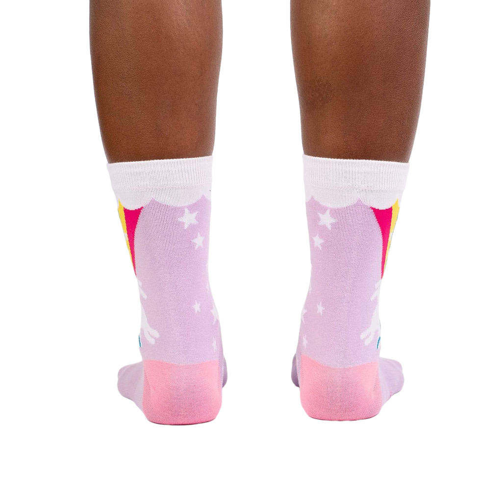 Rear view of the socks on a person's feet, highlighting the design from the back.
