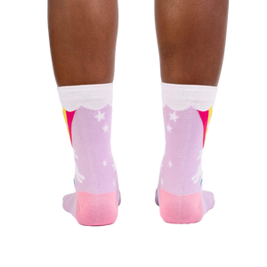 Rear view of the socks on a person's feet, highlighting the design from the back.