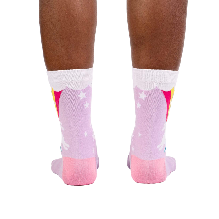 Rear view of the socks on a person's feet, highlighting the design from the back.