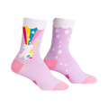 Crew socks in lavender with a whimsical design featuring a unicorn launching from a rainbow and white stars.