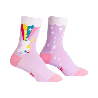 Crew socks in lavender with a whimsical design featuring a unicorn launching from a rainbow and white stars.