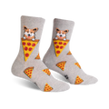 A pair of grey crew socks featuring corgis peeking out of pizza slices. Smaller pizza slices are scattered across the sock.