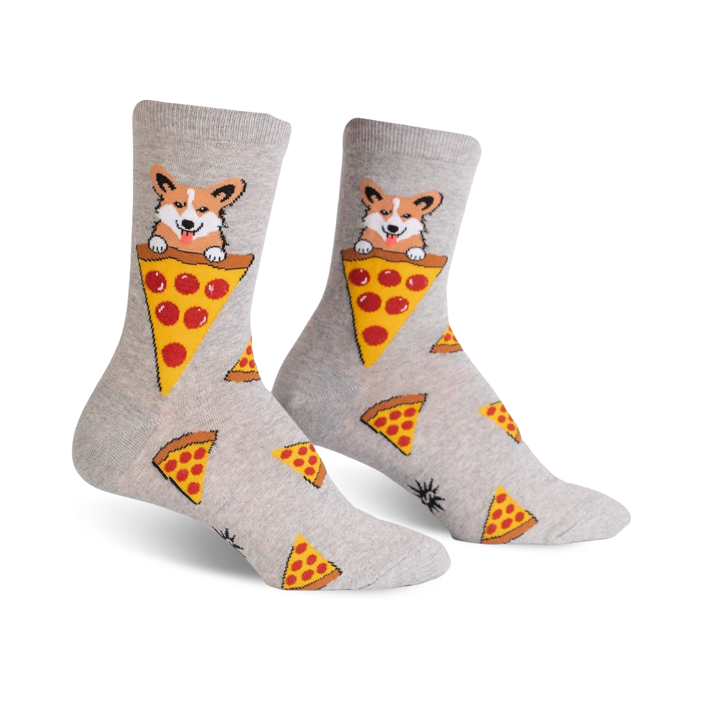A pair of grey crew socks featuring corgis peeking out of pizza slices. Smaller pizza slices are scattered across the sock.
