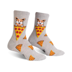 A pair of grey crew socks featuring corgis peeking out of pizza slices. Smaller pizza slices are scattered across the sock.