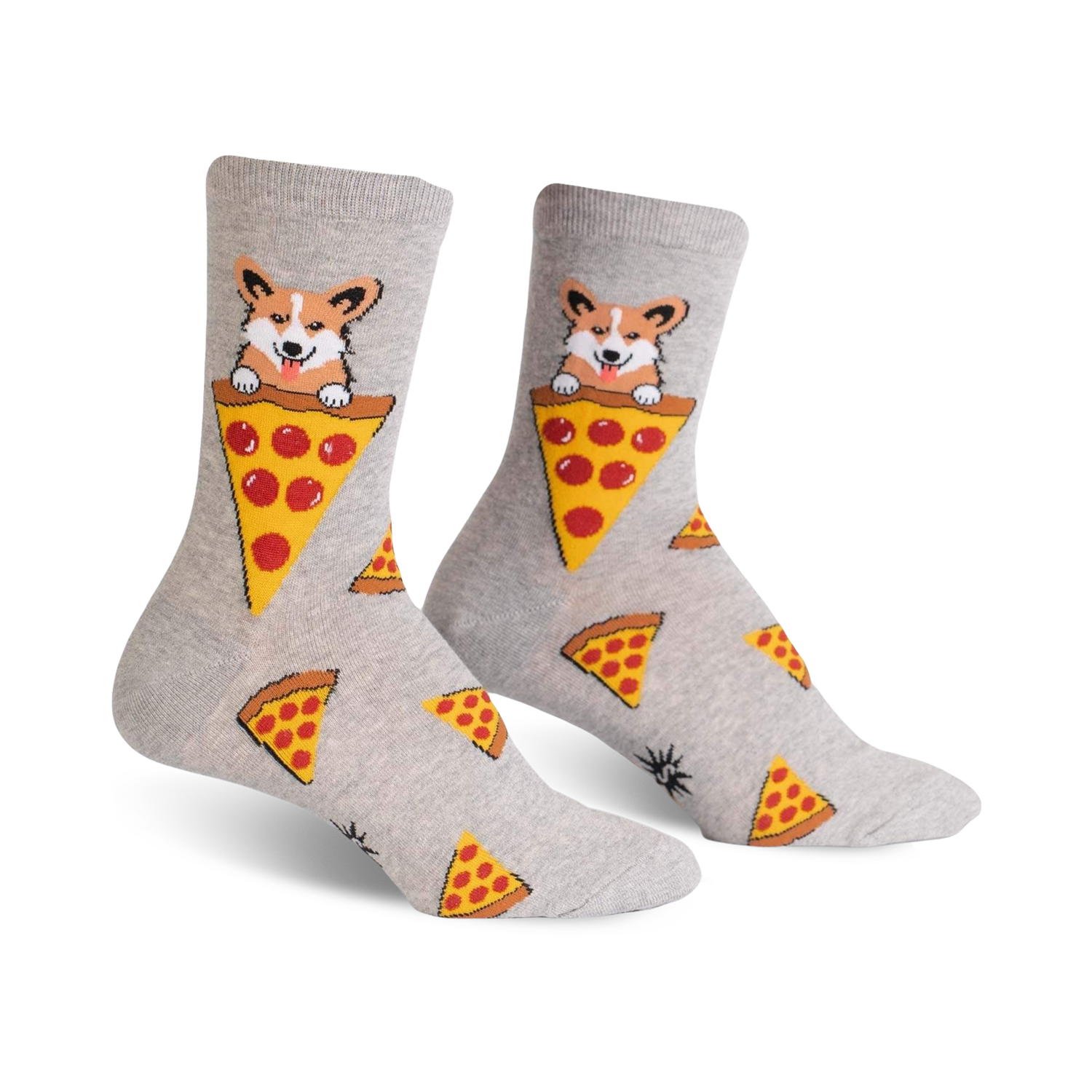 A pair of grey crew socks featuring corgis peeking out of pizza slices. Smaller pizza slices are scattered across the sock.