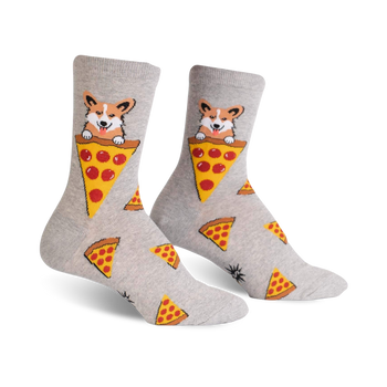 gray crew socks for women featuring a pattern of smiling cartoon pepperoni pizzas, single slices, and a peeking corgi dog.  