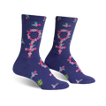 Purple crew socks featuring a floral Venus symbol pattern. Pink, teal, and green flowers create the symbol on a deep purple background.