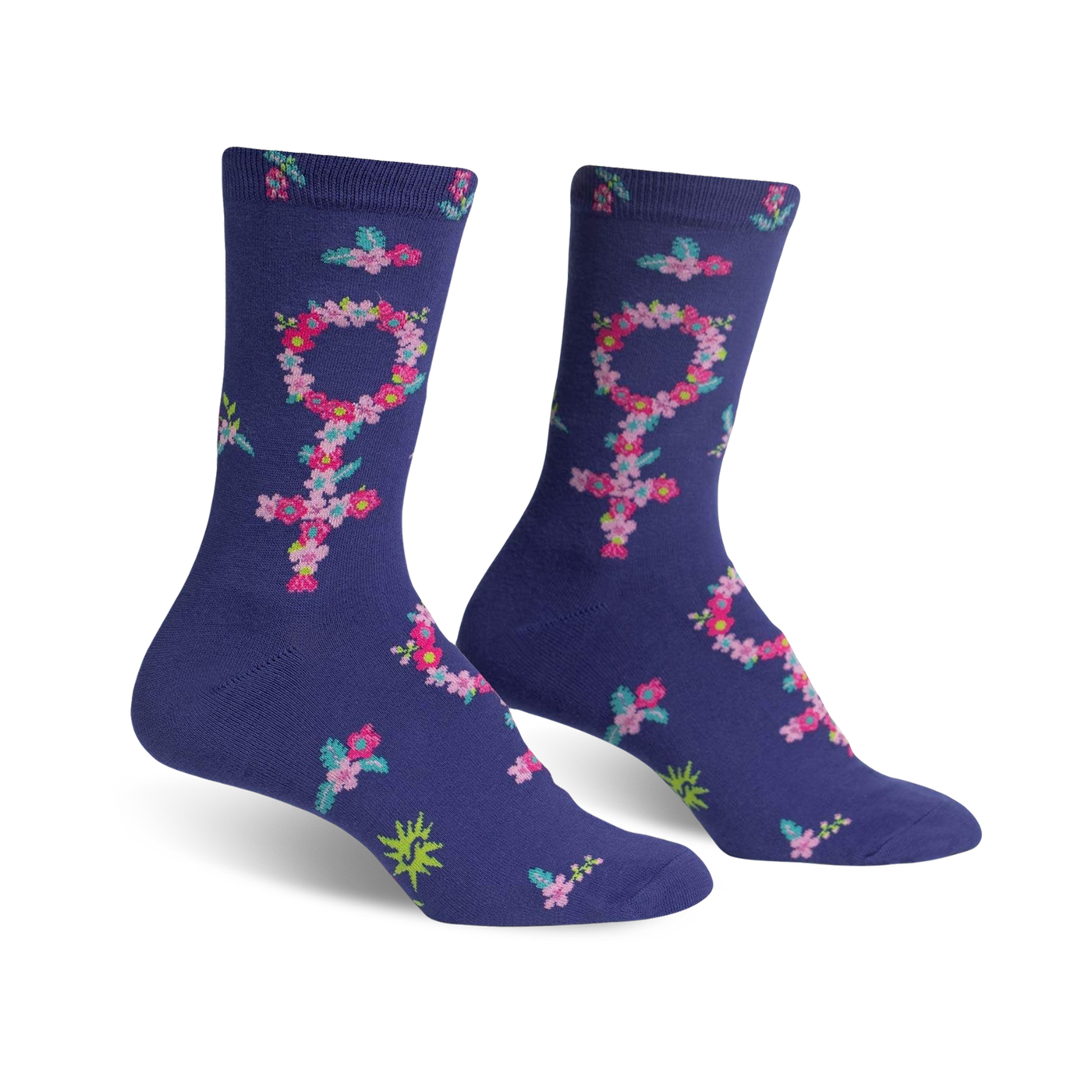 Purple crew socks featuring a floral Venus symbol pattern. Pink, teal, and green flowers create the symbol on a deep purple background.
