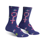 Purple crew socks featuring a floral Venus symbol pattern. Pink, teal, and green flowers create the symbol on a deep purple background.