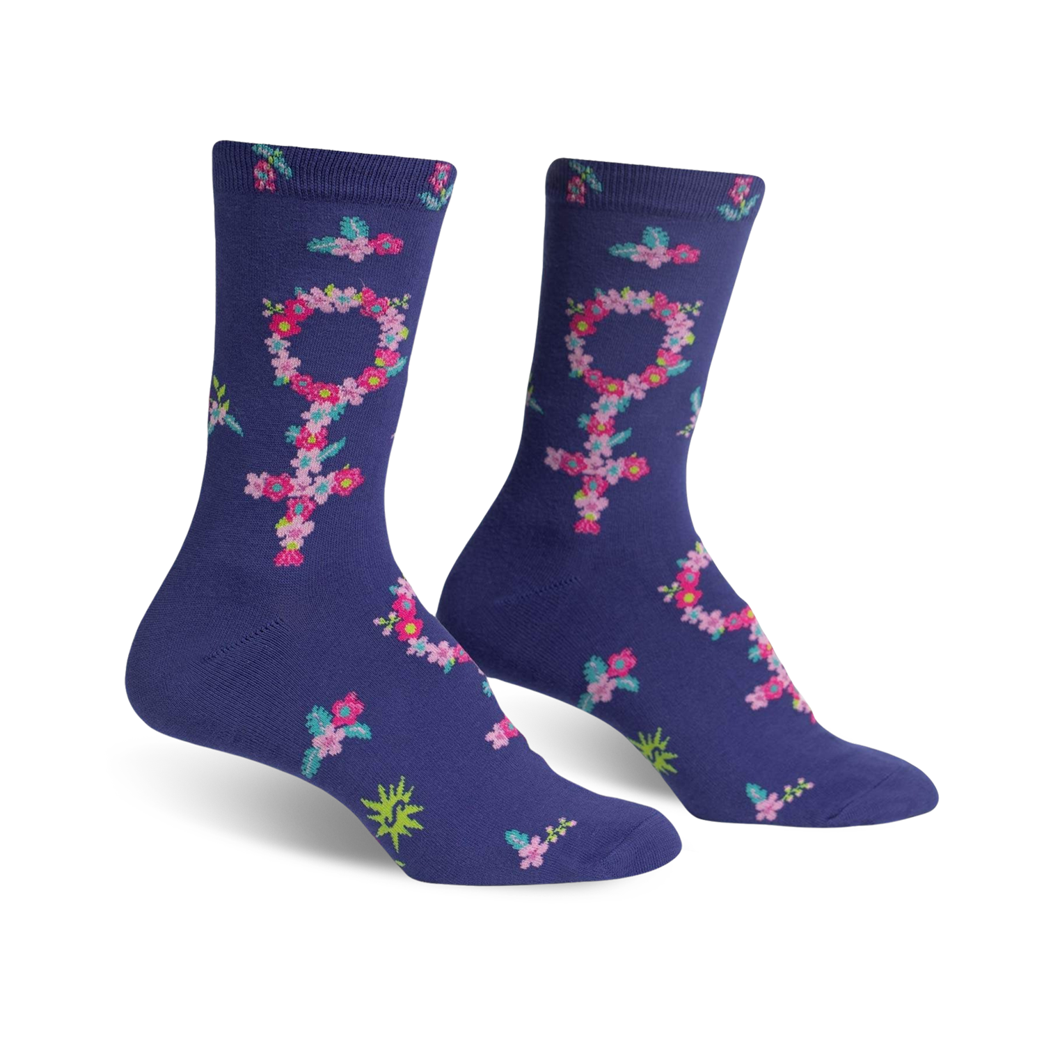 Purple crew socks featuring a floral Venus symbol pattern. Pink, teal, and green flowers create the symbol on a deep purple background.