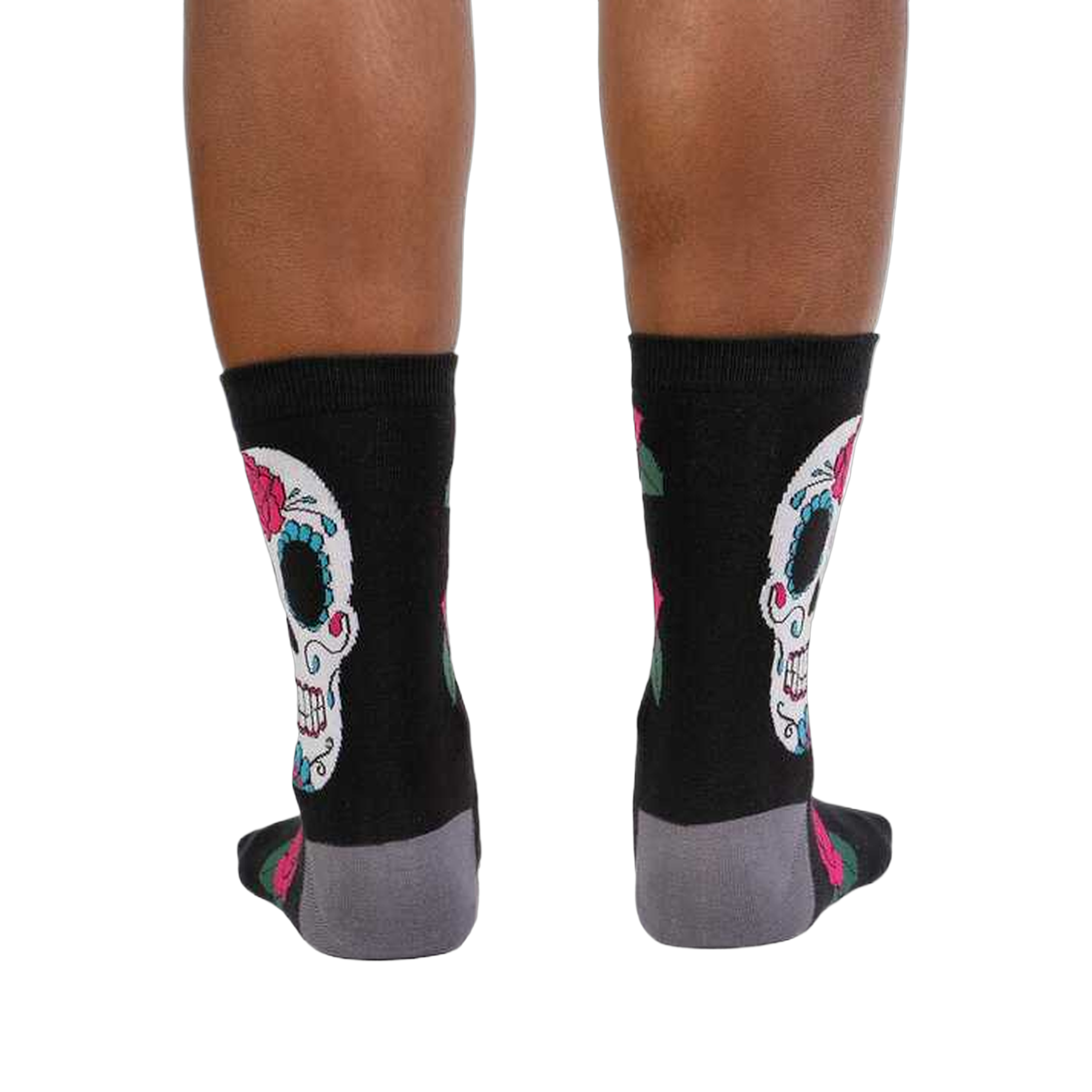Rear view of the Sugar Skull socks on a person's legs. Shows the back design.