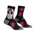 Black crew socks with a colorful sugar skull and pink roses. Grey cuffs add a subtle contrast.