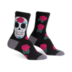 Black crew socks with a colorful sugar skull and pink roses. Grey cuffs add a subtle contrast.