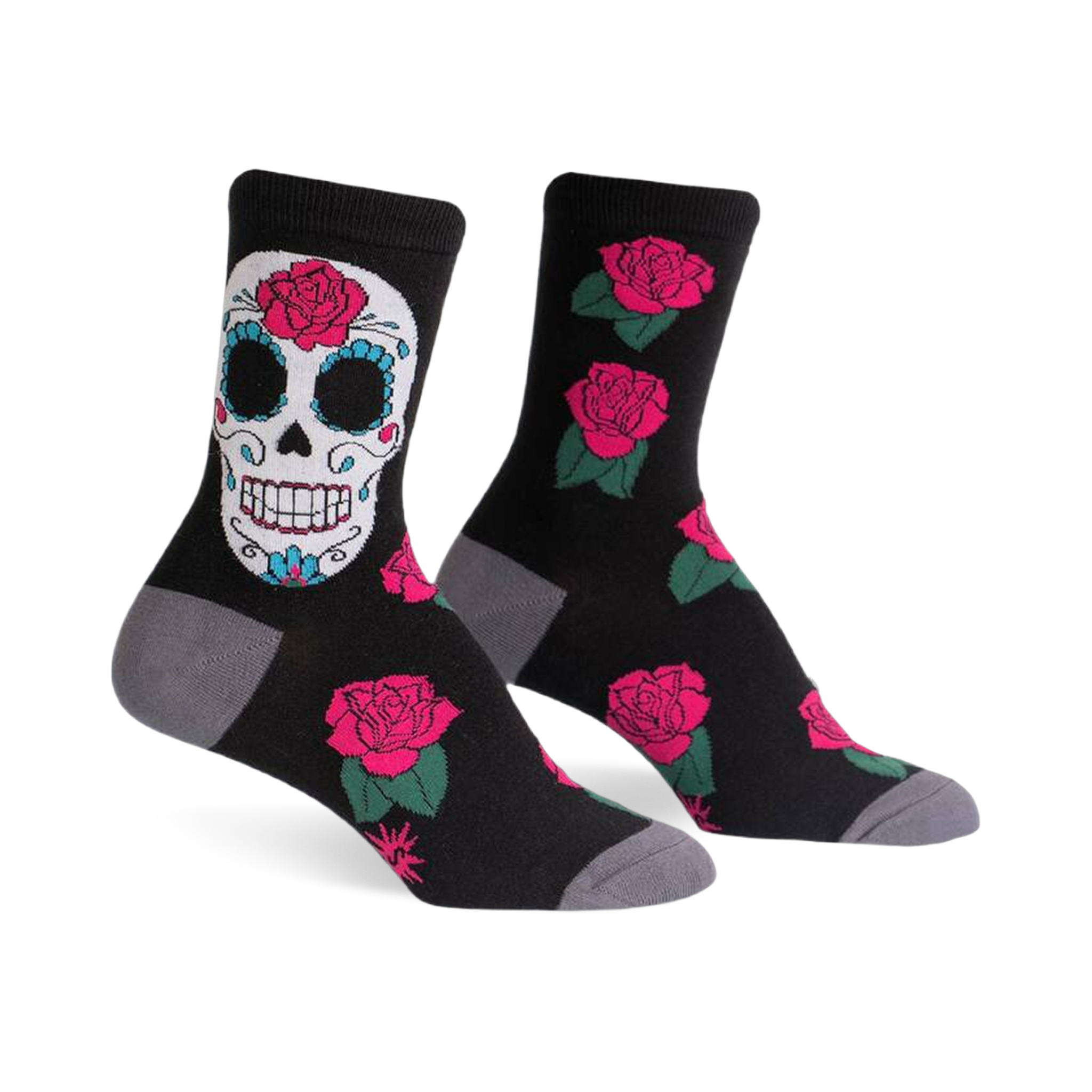 Black crew socks with a colorful sugar skull and pink roses. Grey cuffs add a subtle contrast.